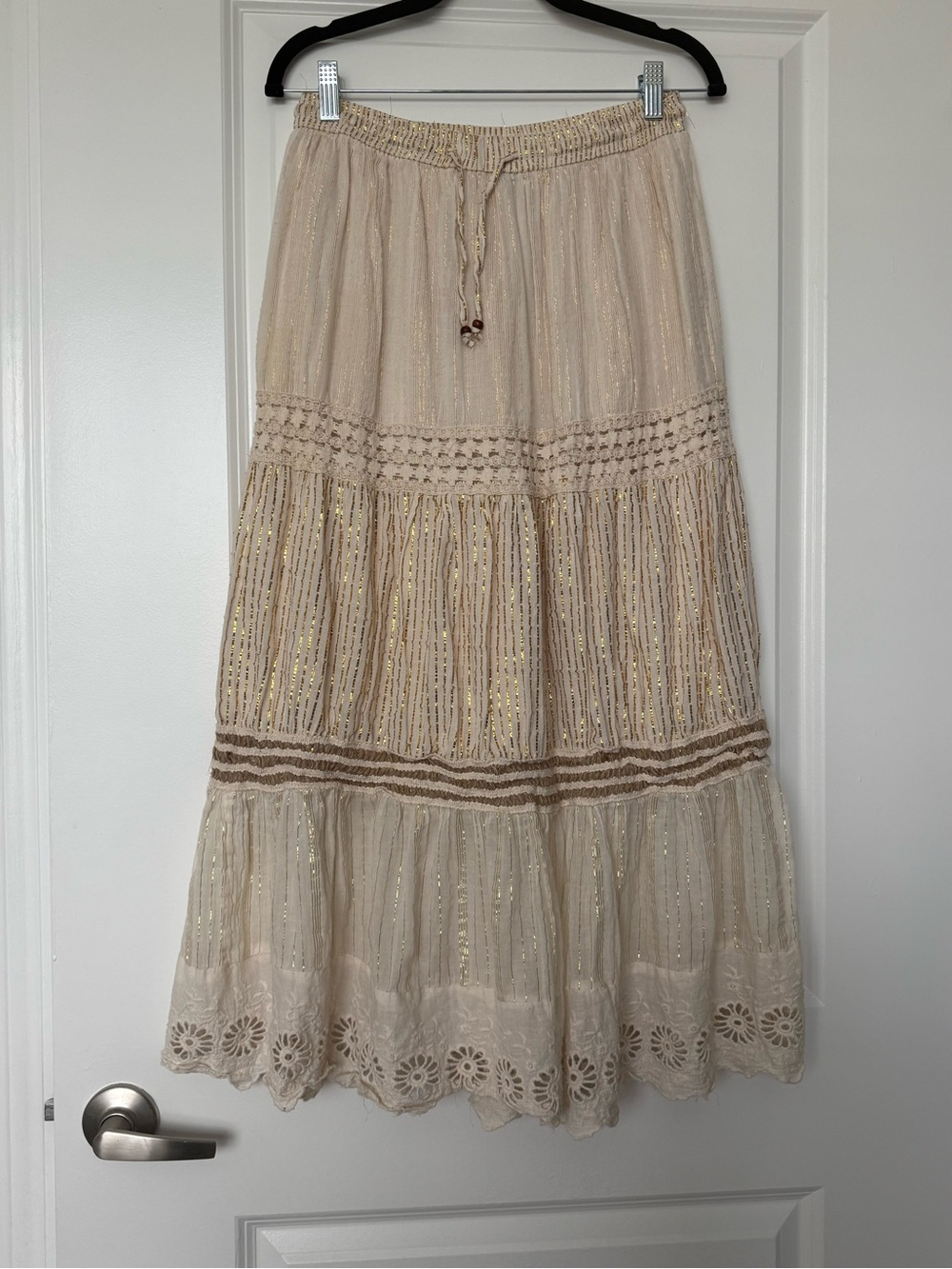 Naoo Y2K Cotton Boho Gold Metallic Striped Tiered Peasant Midi Skirt Nation M